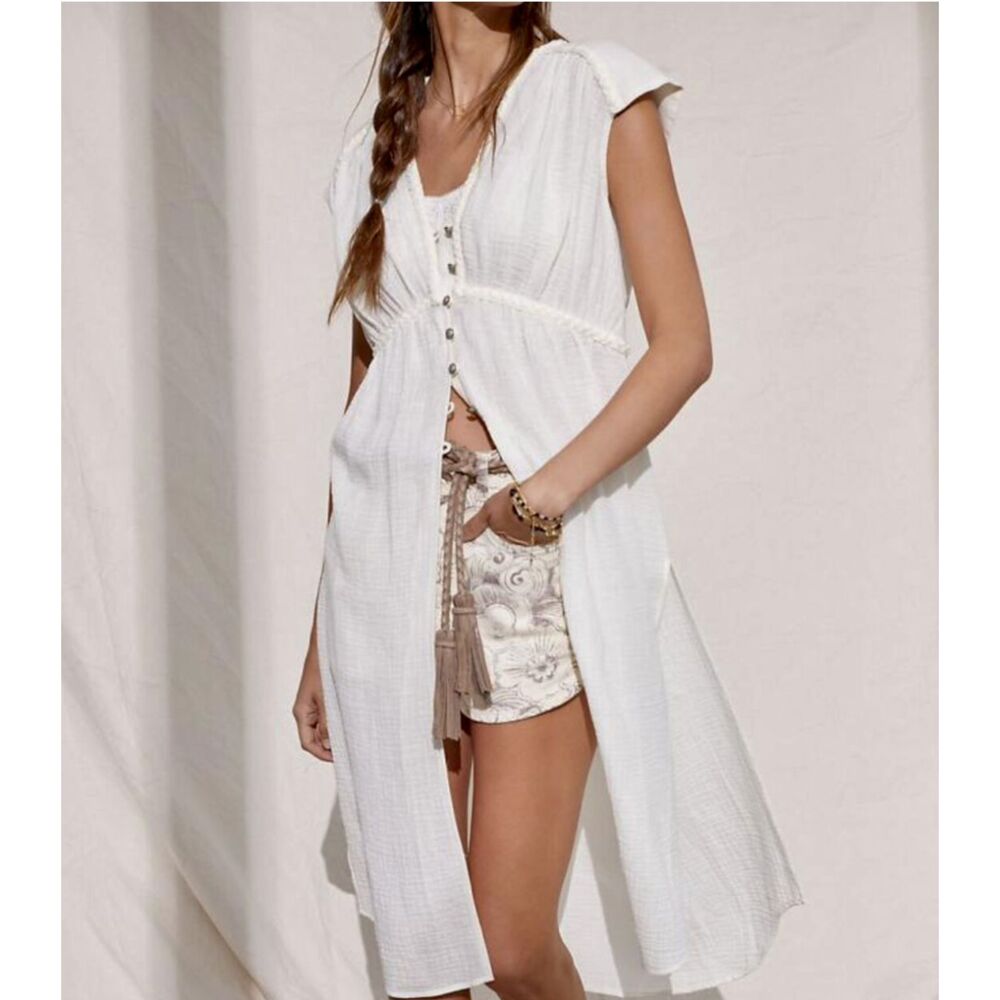 Anthropologie White Midi Button-Front Vest Dress with Cream Shorts